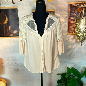 Umgee Cream Lace Panel Button-Front Blouse